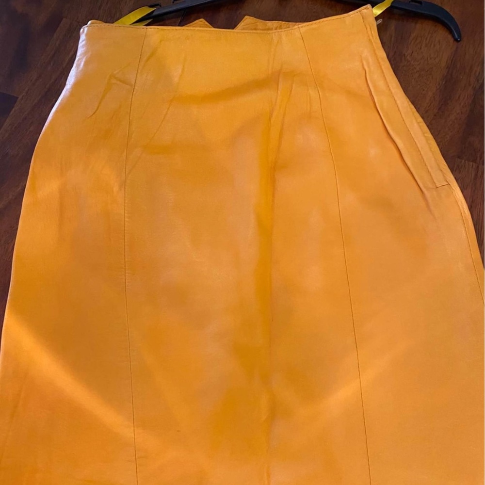 Andrew Marc Orange Leather Pencil Skirt